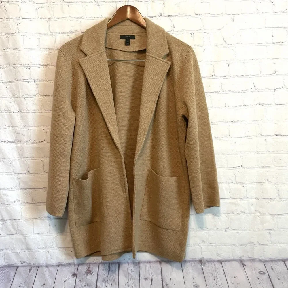 J.Crew Sophie Open Front Sweater Blazer Tan Camel Merino Wool Blend Medium